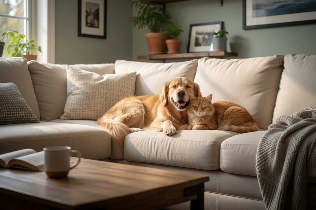 liggende hond en kat die samen op de bank liggen en ze lijken gelukkig