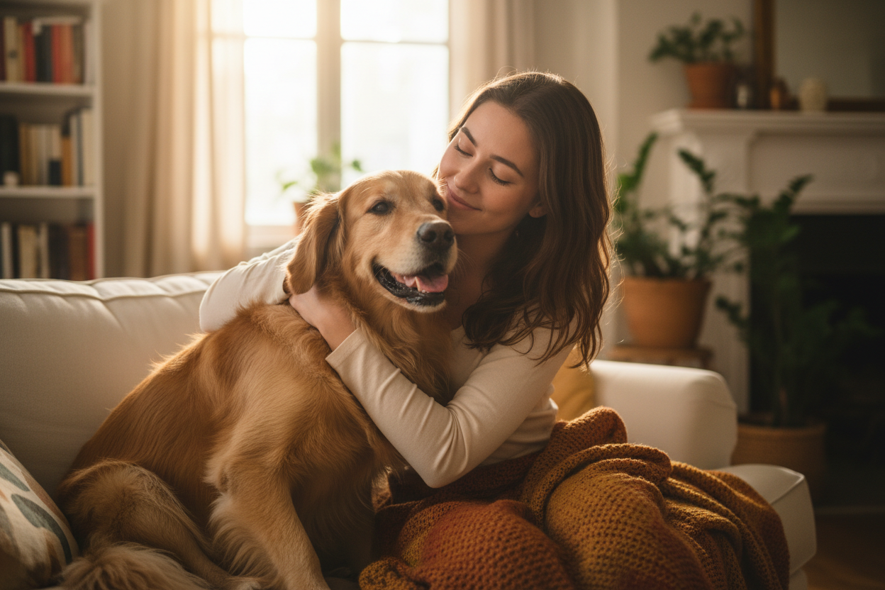 warme foto met een hond en zijn baasje